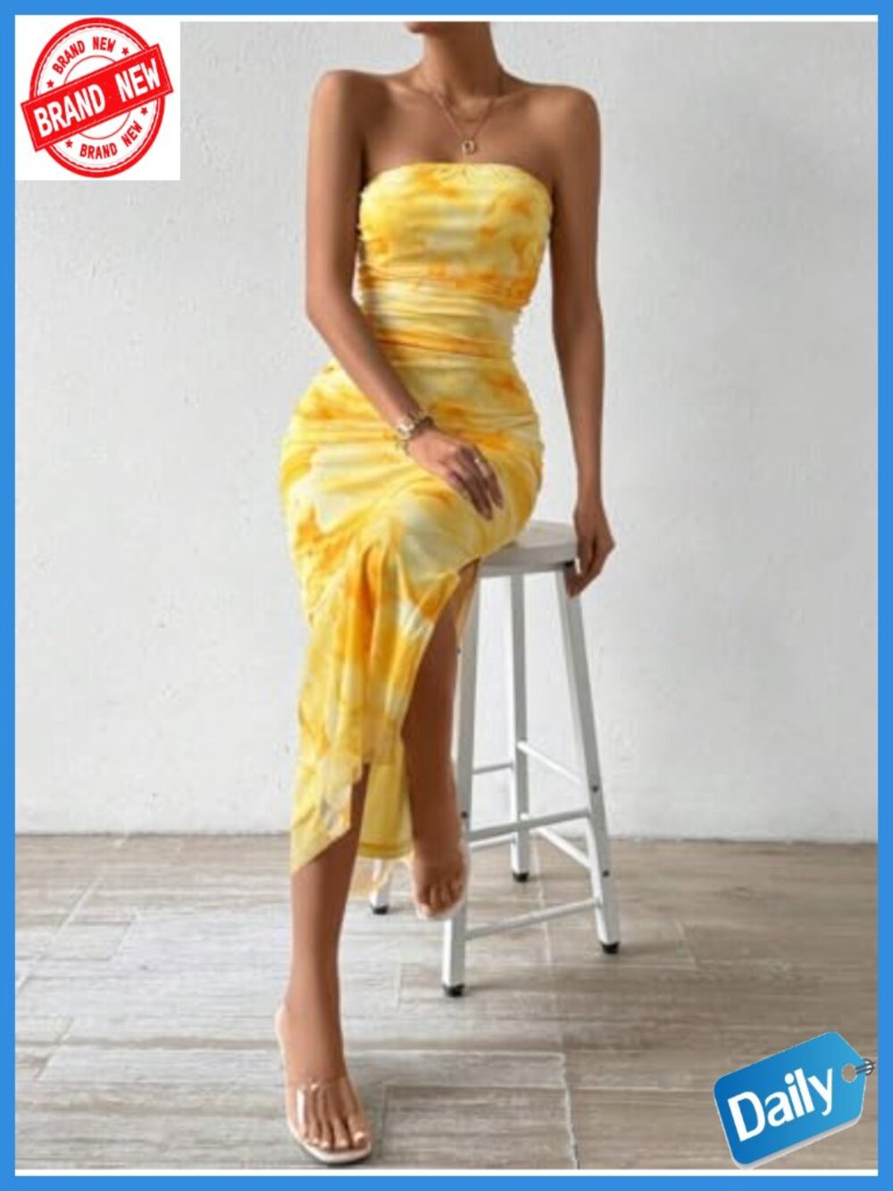 Strapless Tube Bodycon Maxi Dress with Side Slit and Mesh Layering - Picture 3 of 6
